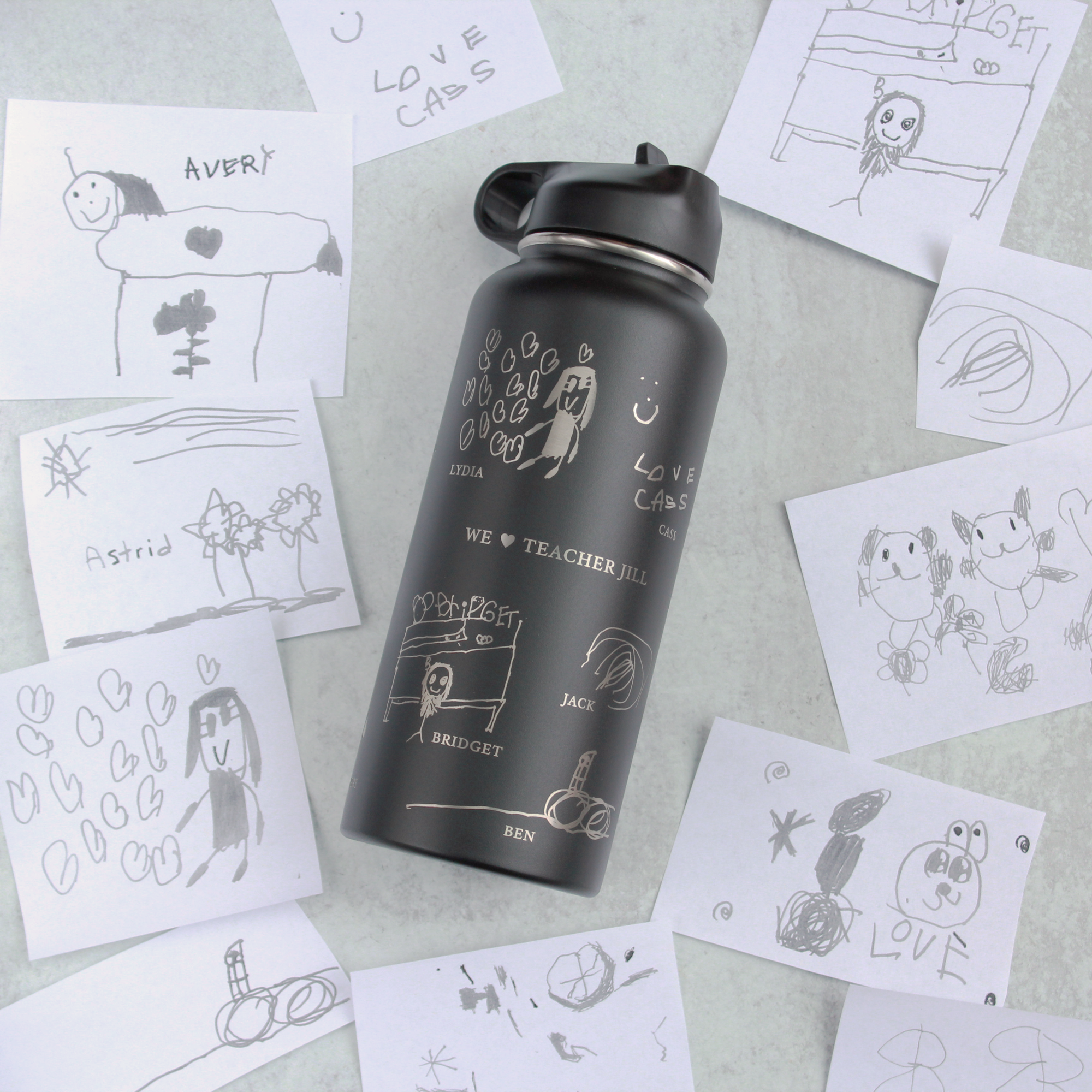 Personalized Teacher Water Bottle with Kids Drawings