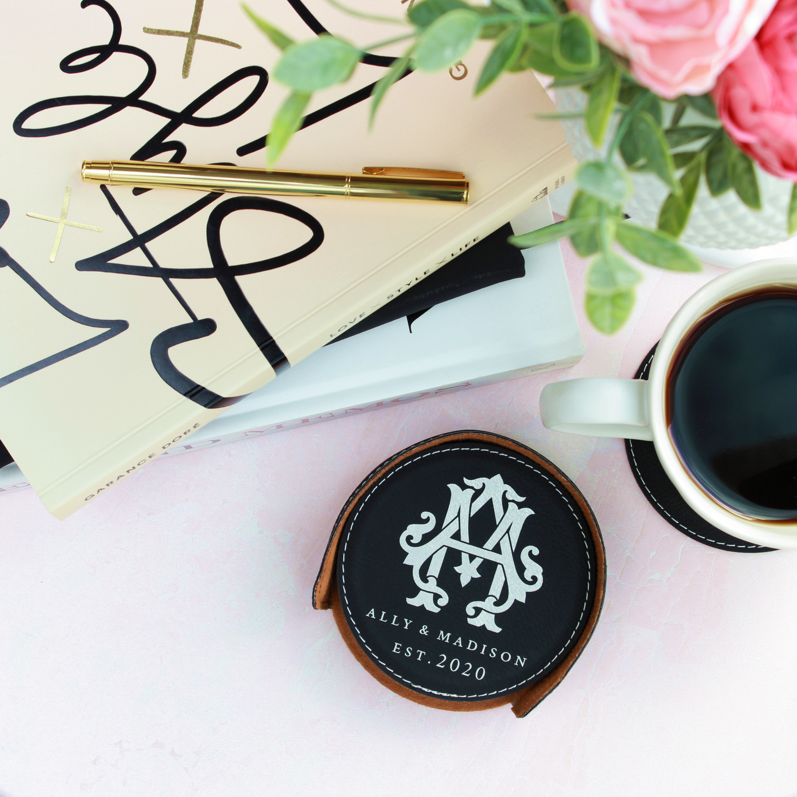 Personalized Leather Coasters - Round, Set of 6 with Holder