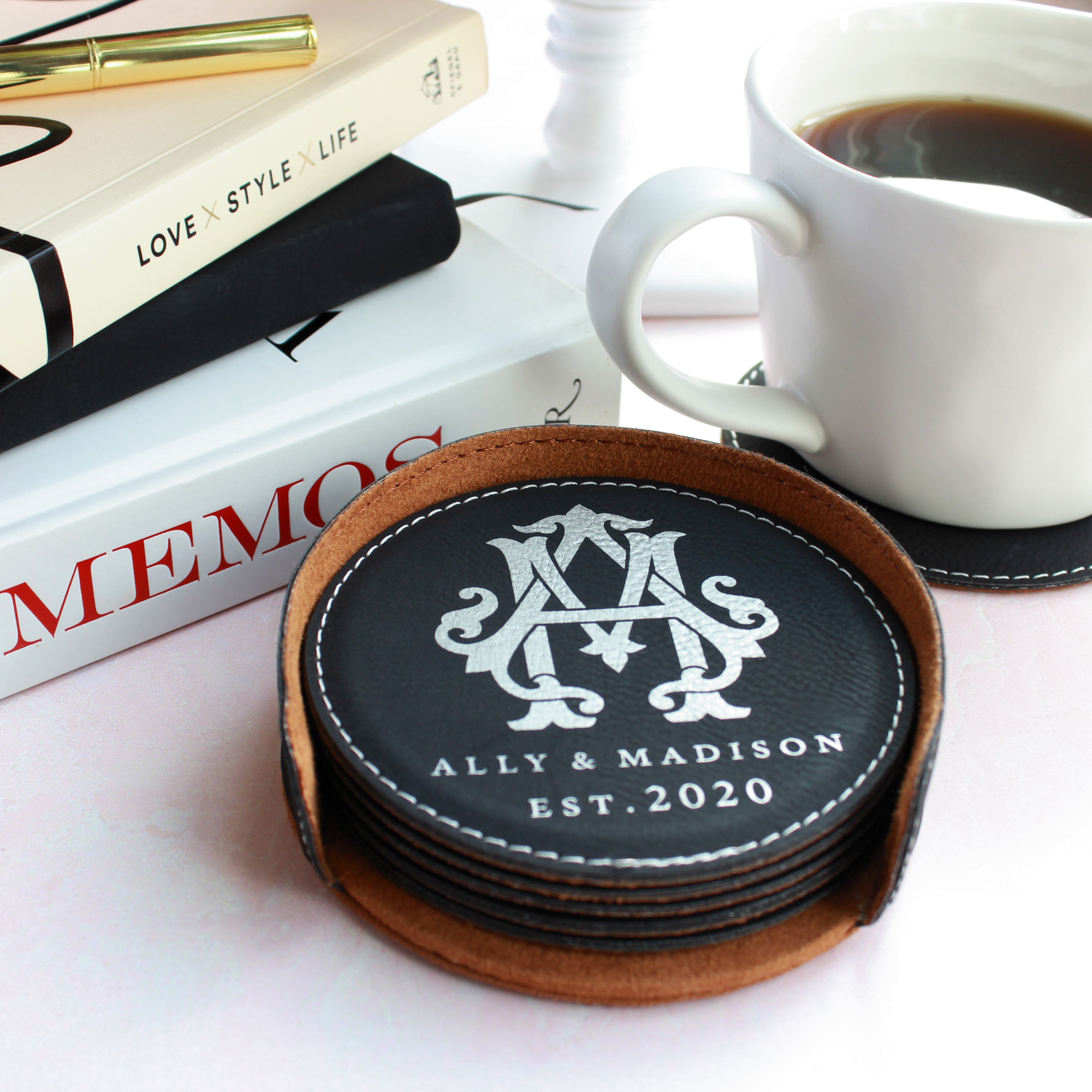 Personalized Leather Coasters - Round, Set of 6 with Holder