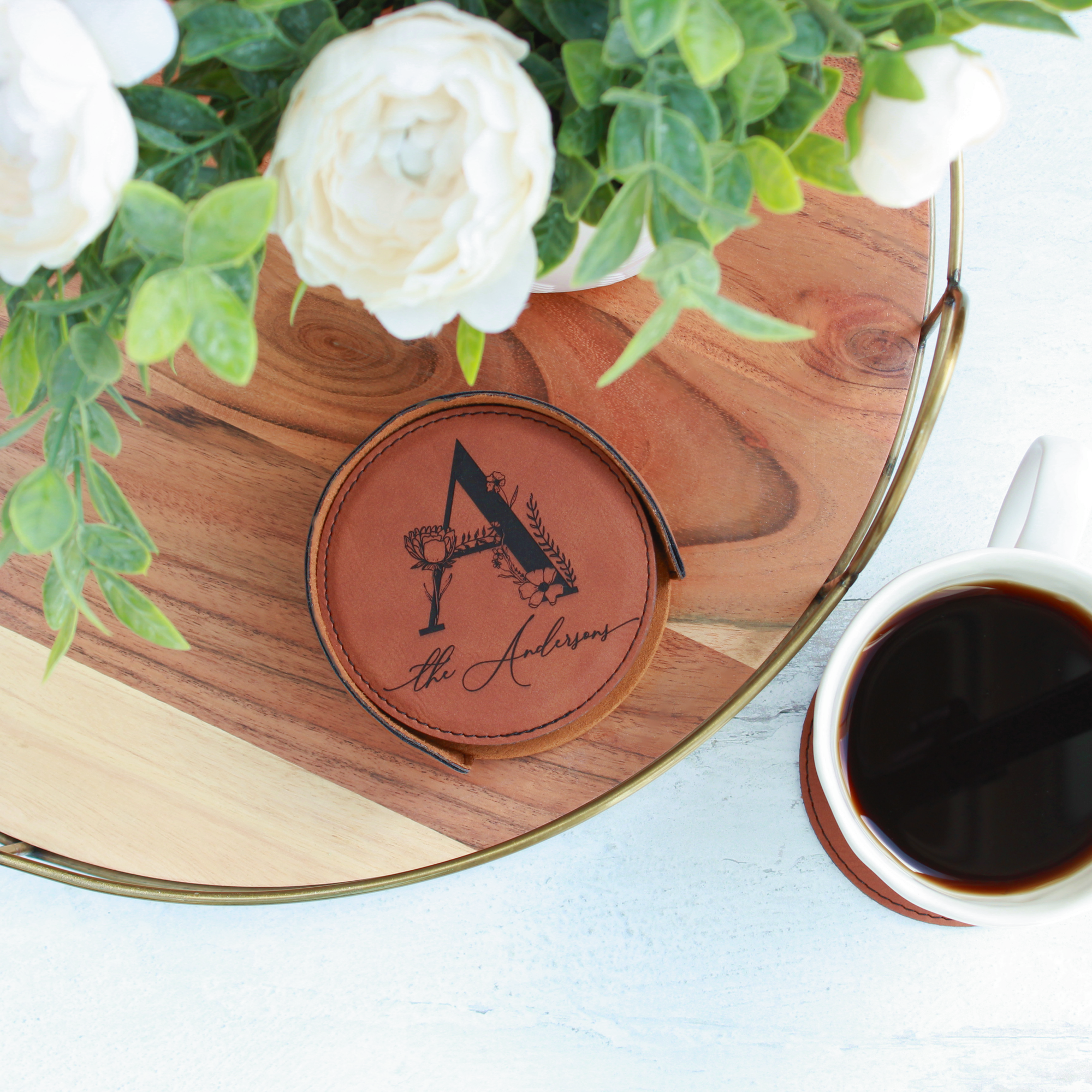 Personalized Leather Coasters - Round, Set of 6 with Holder
