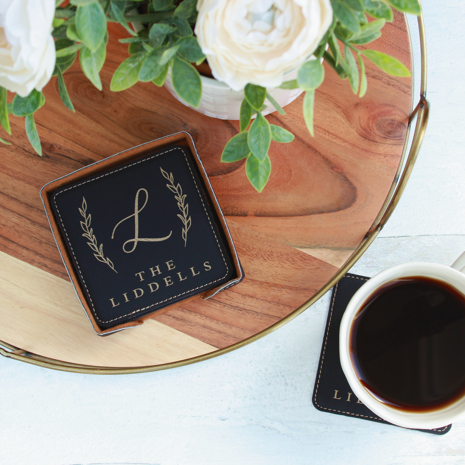 Personalized Leather Coasters - Square, Set of 6 With Holder
