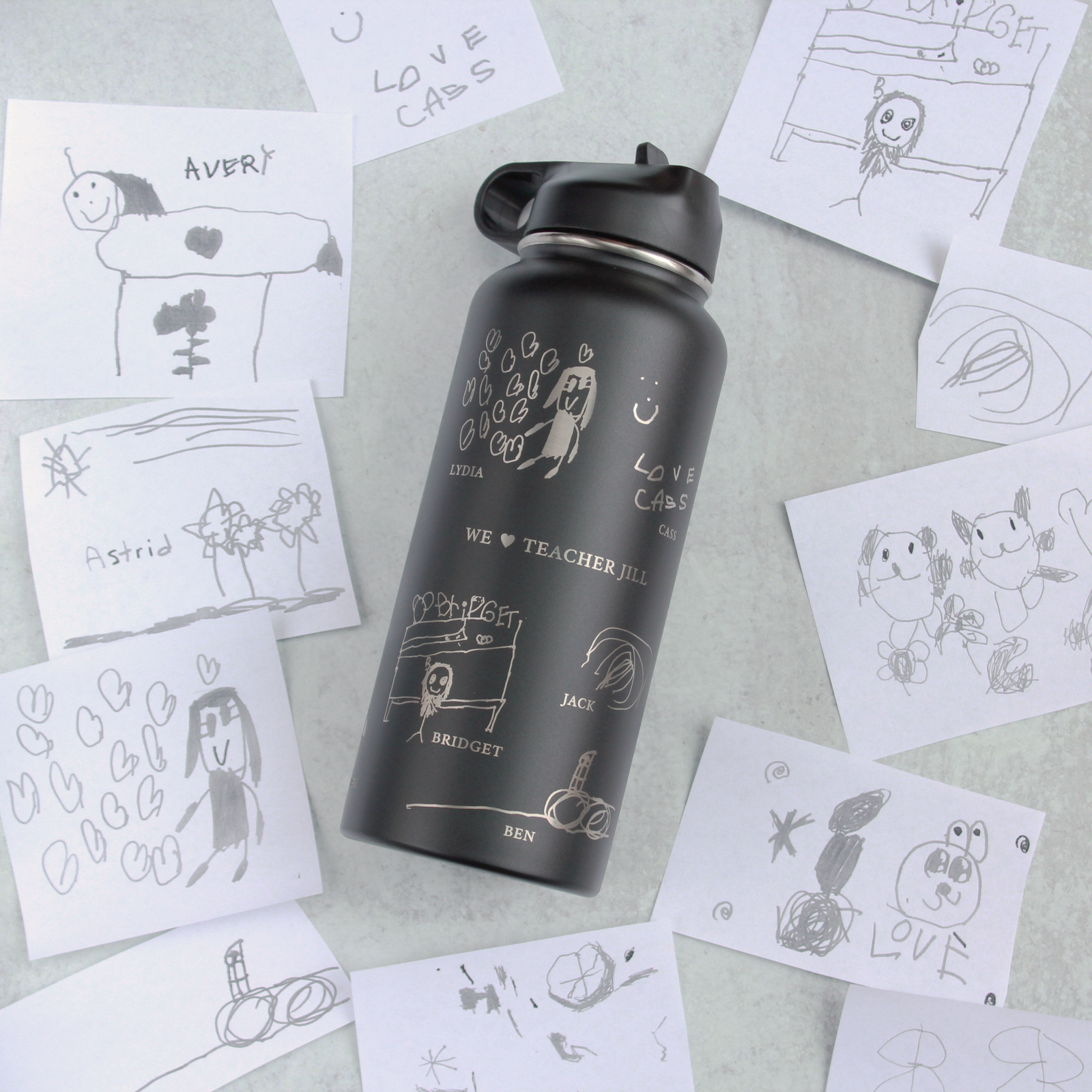 Personalized Teacher Water Bottle with Kids Drawings