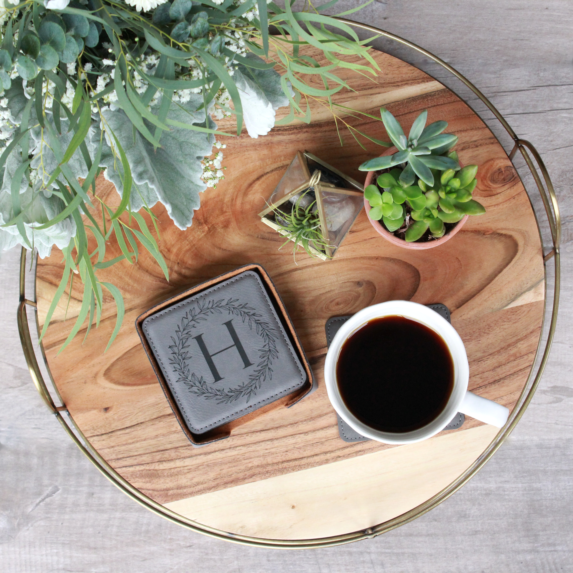 Personalized Leather Coasters - Square, Set of 6 With Holder